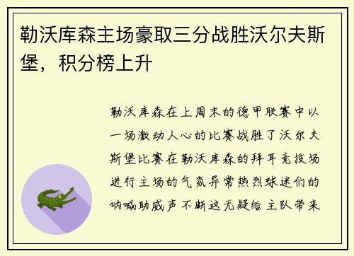 勒沃库森主场豪取三分战胜沃尔夫斯堡，积分榜上升