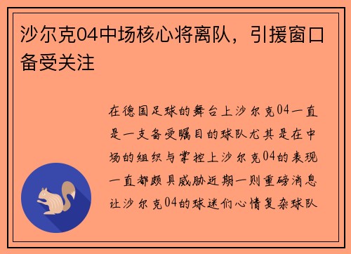 沙尔克04中场核心将离队，引援窗口备受关注